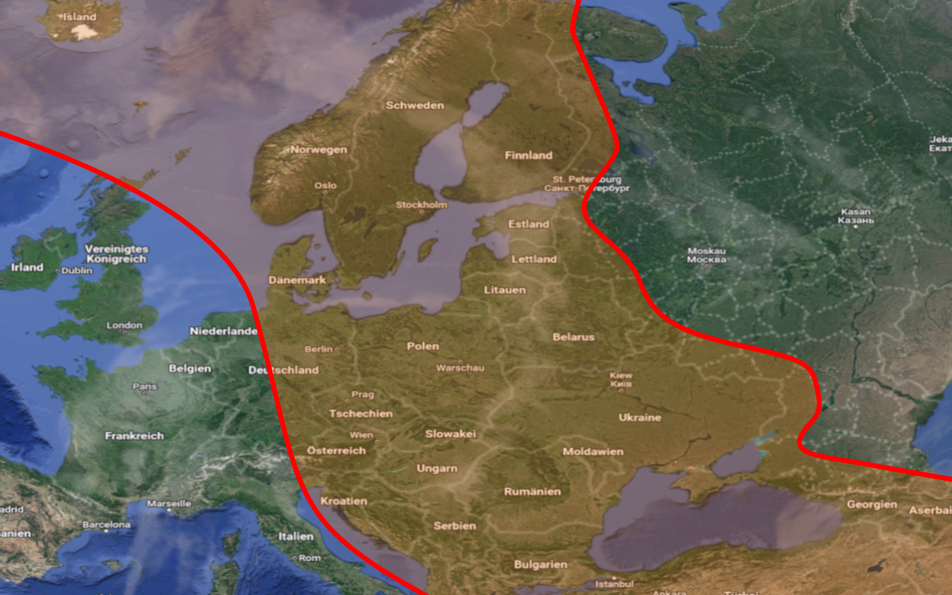 Sperrzone zwischen NATO und Russland. In dem roten Bereich dürfen keine strategischen Waffen wie Atomwaffen Mittelstreckenraketen oder Langstreckenbomber stationiert sein.